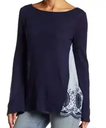 Caslon Blue & White Embroidered Back Long Sleeve Blouse (M)