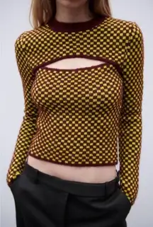 ZARA Jacquard Knit Checkered Cutout Sweater Women’s Size Small Long Sleeve