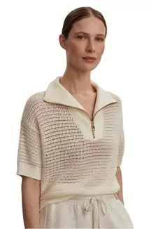Varley Nali Half Zip Cream Cotton Open Knit Half Zip Short Sleeve Sweater Med