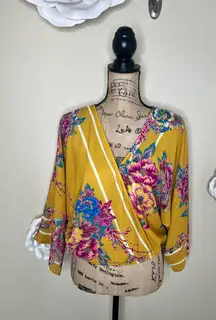 Flying Tomato Faux Wrap Crop Golden Yellow with Floral Kimono Sleeve Sz M