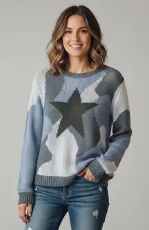 Wooden Ships Blue Camo Star Mohair Wool Blend Sweater Size Small/Medium