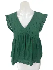 The Impeccable Pig Green Embroidered Eyelet Ruffle Babydoll Blouse Top Size M