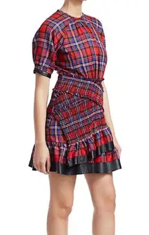 Tanya Taylor Red Plaid Ruffle Leather Trim Mini Dress size 6