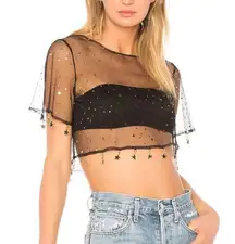 H:ours Roux Sheer Crop Top Black XS Bralette Star Fringe Revolve $118 NEW no Tag