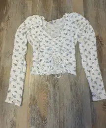 Hollister White Blue Floral Cinch Front Crop Top Long Sleeve