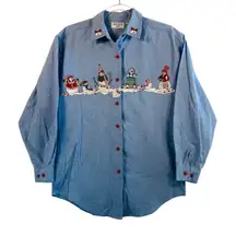 Vtg Christmas Snowman Shirt Chambray Denim Holiday Button Down Top S Festive‎