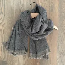 Vintage  Herringbone Wool Blend Fringed Scarf in Grey and Cream/Taupe