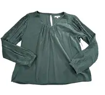 Nine Britton Green Pleated V-Neck Blouse Women's Medium 3/4 Ruffle Sleeve Detail