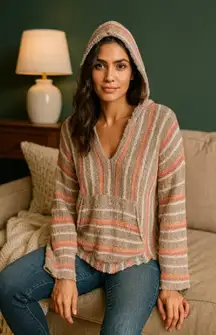 Rip Curl Women Striped Knit Hoodie Pullover Kangaroo Pocket Boho Cottagecore M