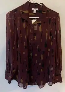 Nine West Womens Small Shirt Long Sleeve Button Down Wine Printed Semi Sheer NEW