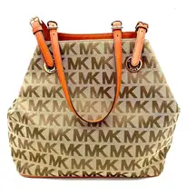 NEW MICHAEL Michael Kors Beige Tan Orange Signature Canvas & Leather Tote Large