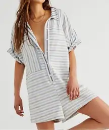 Free People Boys Lie Blue Cream Striped Boardwalk Button-Up Romper size XS