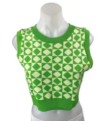 Zara Womens Green Diamond Checkered Sleeveless Knit Crop Sweater Vest Tank Top M