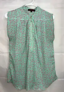 EUC SM Wardrobe women’s turquoise pink sleeveless sheer half zip blouse summer‎