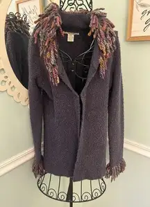 Free People Cardigan Sz M Purple Wool Blend Yarn Fringe Collar And Cuffs Y2k