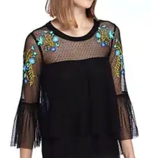 New Kaari Blue M Peplum sheer Embroidered Curvy Top Size OX