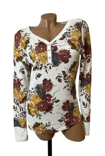 Floral Waffle Knit Henley Top M Soft Cozy Fall Colors Long Sleeve Tee
