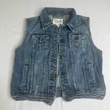 I Love H81 Denim Vest Women’s JR Medium Blue Button-Up Floral Trim Pockets‎