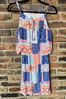 Faded Glory Tiered Keyhole Tassel Tie Patchwork Print Mini Dress Size Small