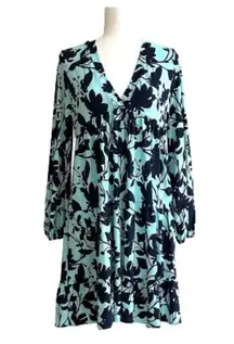 Honeyme Dress Light Blue Navy Floral Print Boho V-Neck Long Sleeve Tiered Small