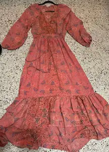 Boemo Anthropologie Revolve Maxi Dress Coral Pink Sz M Ruffle Tiered Long Sleeve