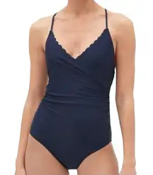 NWT GAP Scallop Trim One Piece Strappy Ruched Swimsuit Navy Blue Size Medium NEW