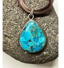 Vtg 925 Barse Genuine Teardrop Turquoise Pendent Brown Leather Boho Necklace