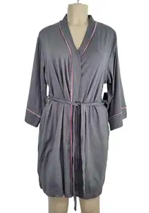 Bebe Sleepwear Womens L Dark Grey Belted Robe w/ Pink Trim