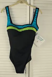 NWT It Figures‎ Womens Black Peacock One Piece Swimsuit 14