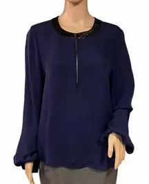 NWOT! L'Agence Navy Blue Silk Blouse Size 4 Black Leather Trim Collar Zip-Front