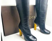 Gucci Black Leather Edith Tall Knee High Boots Size 36 Block Heel Platform Boot