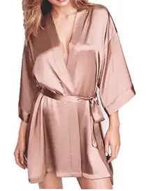 Victorias Secret Robe Sz M L Pink Open Front Belted Satin Texture Kimono Sleeves