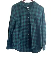 SO  Perfectly Soft Flannel Top Women Button Up Cotton L Green Black Plaid Western