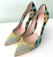 Deimille Floral Jacquard Printed Silk Pumps in Blue Multi Size 37 / 6.5