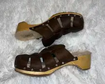 UGG  Brown Leather Mule / Clog Slip on Shoe with Fur Lining size 8 1/2