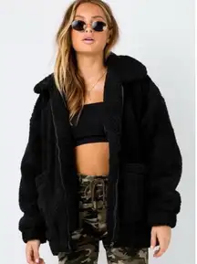 I.AM.GIA Black Pixie Teddy Sherpa Zip Up Patch Pocket Jacket Size Medium Thick