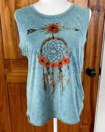 Umgee Teal Blue Sleeveless Dreamcatcher Lace up Distressed Knit Tank Small