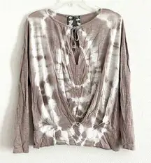 Young Fabulous & Broke Tan White Tie Dye Draped Long Sleeve Keyhole Top Small