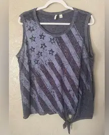 EST. 1946 Blue Red American Flag Print Sleeveless Top Sequin Patriotic Tie Hem