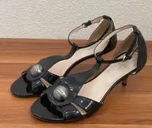 COACH Hellena Black Soft Patent Leather T-strap Kitten Heels Sandals Size 7.5B