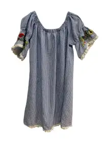 J Gee 2X Boho Peasant Tunic Dress Seersucker Embroidered Fringe Hem Off Shoulder