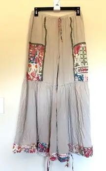 SHEIN Beige Colorful Floral Patchwork Pocket Tiered Wide Leg Pants Medium Boho 6