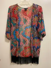 See You Monday Womens Sheer Cardigan XS Fringe Bottom Paisley Boho Multicolor