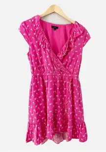 J. Crew V-Neck Ruffle Dress Floral Print Vibrant Pink Fuchsia Midi Dress Size 8