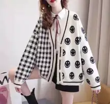 Smiley face cardigan sweater knit black and cream white stripe v-neck happy face