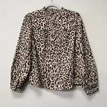 JCrew Women's Leopard Print Long Sleeve Round Ruffle Neck Top Blouse Cotton Sz M