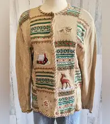 Vintage Embroidered Winter Cardigan XL whimsical kitchy Christmas holiday