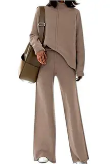 Coordinating 2 Piece Set Sweater Knit Wide Leg Pants Lounge Taupe Women Size XL