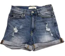 KanCan Denim Shorts Womens 7/27 Distressed Blue Jean Cuffed Stretch Grunge Faded