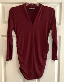 A Pea in the Pod Burgundy Red, V-neck, Stretch,  Ruching on the Sides Blouse